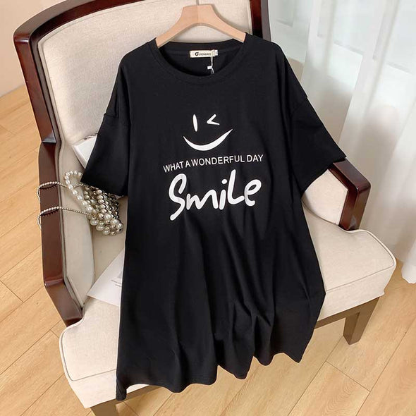 【3XL~7XL】スマイル　プリント　人気Ｔシャツ　ゆるシルエット　チュニックＴシャツ