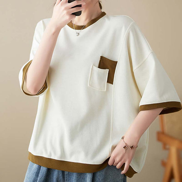 【Ｍ～3XL】ゆるシルエット　胸ポケット　中袖Ｔシャツ　無地　夏定番Tシャツ