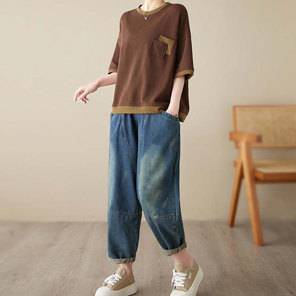 【Ｍ～3XL】ゆるシルエット　胸ポケット　中袖Ｔシャツ　無地　夏定番Tシャツ