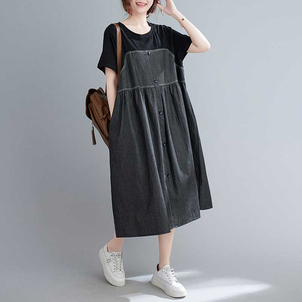【L~XL】韓国ファッション　切り替えデニムワンピース　ロング丈　ポケット付き　夏ワンピース
