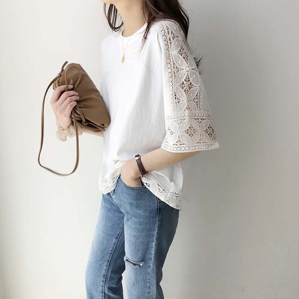 韓国ファッション　レース　ゆったり　中袖　透かし彫り　夏人気Ｔシャツ