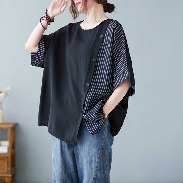 ゆるシルエット　ドルマン風　切り替えストライプ柄　夏人気Tシャツ