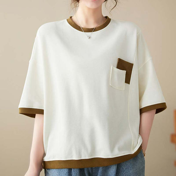 【Ｍ～3XL】ゆるシルエット　胸ポケット　中袖Ｔシャツ　無地　夏定番Tシャツ