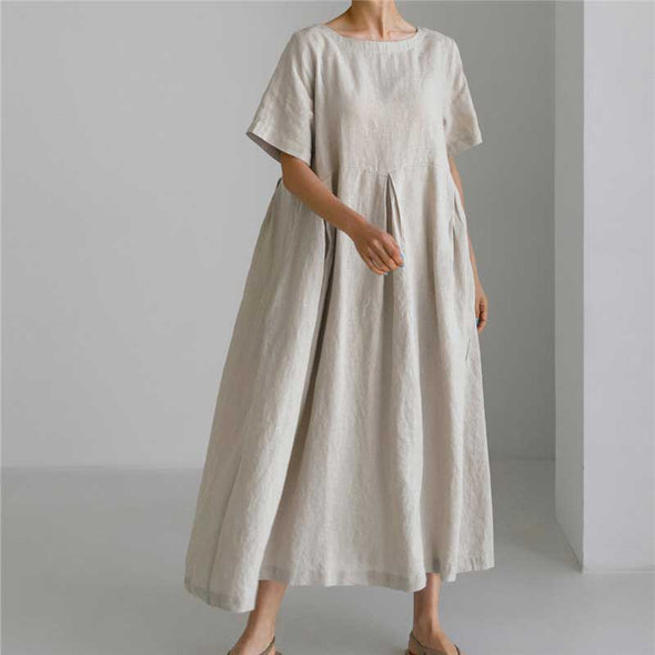 【S~XL】大人ワンピース　綿麻　夏ワンピース　タック入り　ロングワンピース
