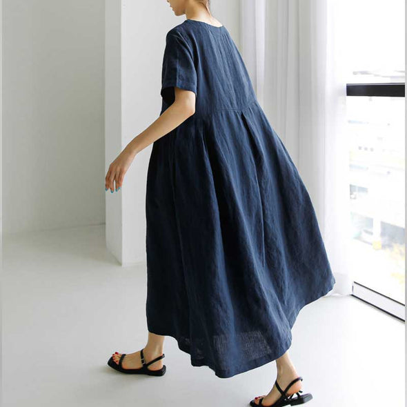 【S~XL】大人ワンピース　綿麻　夏ワンピース　タック入り　ロングワンピース