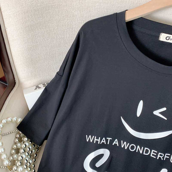 【3XL~7XL】スマイル　プリント　人気Ｔシャツ　ゆるシルエット　チュニックＴシャツ