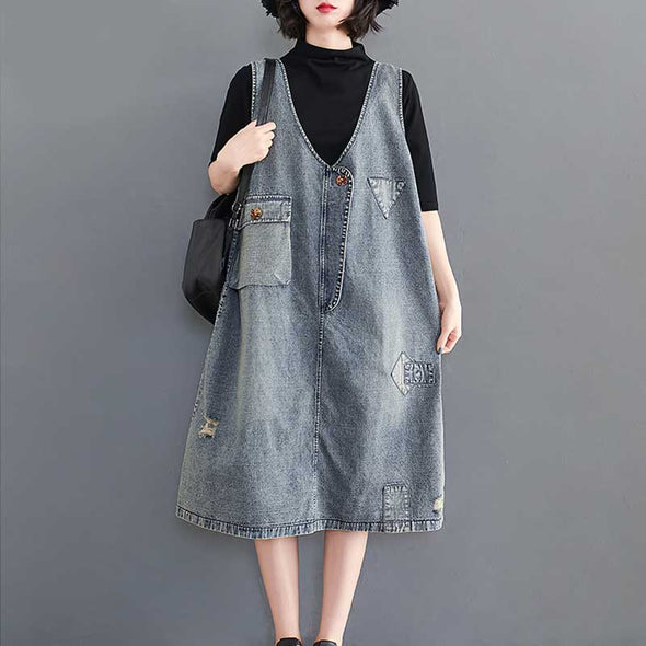【M～2XL】夏デニム　ベストワンピース　ジャンパースカート　ｖネック　デニムワンピース