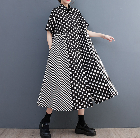 モード系　大人カジュアル　オプティカル　切替チェック柄　ロングシャツワンピース