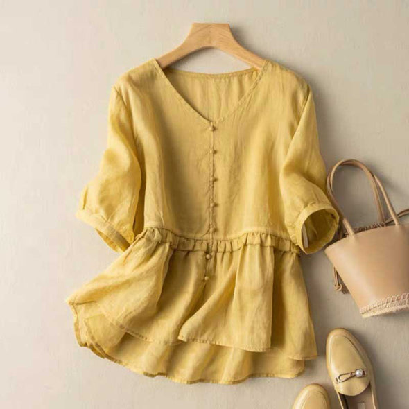 【M~2XL】レトロ　ゆったりサイズ　綿麻　薄手　夏人気トップス