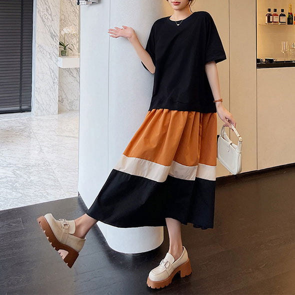 【L~3XL】大人カジュアル　半袖　切替配色　こなれ感　Aライン　夏ワンピース