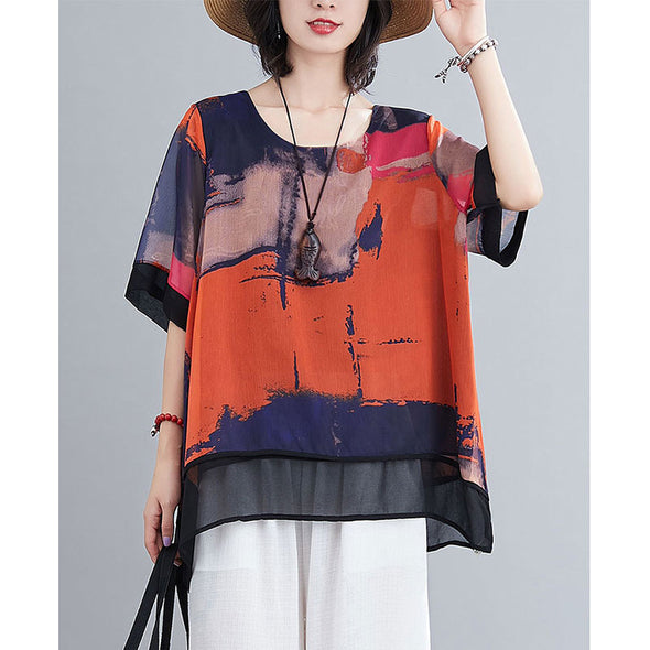 不規則柄　ゆったりサイズ　着瘦せ　夏シフォンＴシャツ
