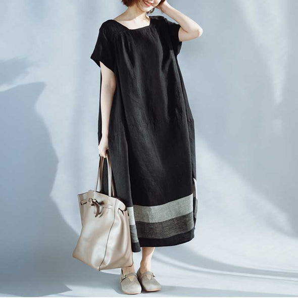 【S~5XL】おしゃれワンピース　肌さわり良い　切り替え　綿麻　シンプルワンピース