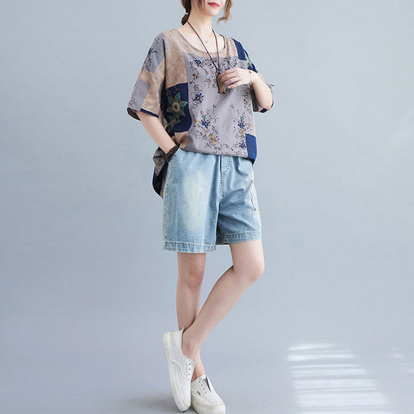 ゆったりサイズ　綿麻　切り替え　レトロ　花柄夏Tシャツ