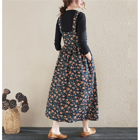 【M~2XL】ボタニカル　花柄　サロペット風　ジャンパースカート