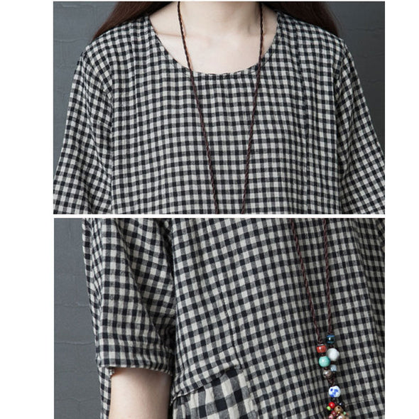 【M~2XL】大人カジュアル　切替　チェック柄　ゆったりサイズ　ロングワンピース