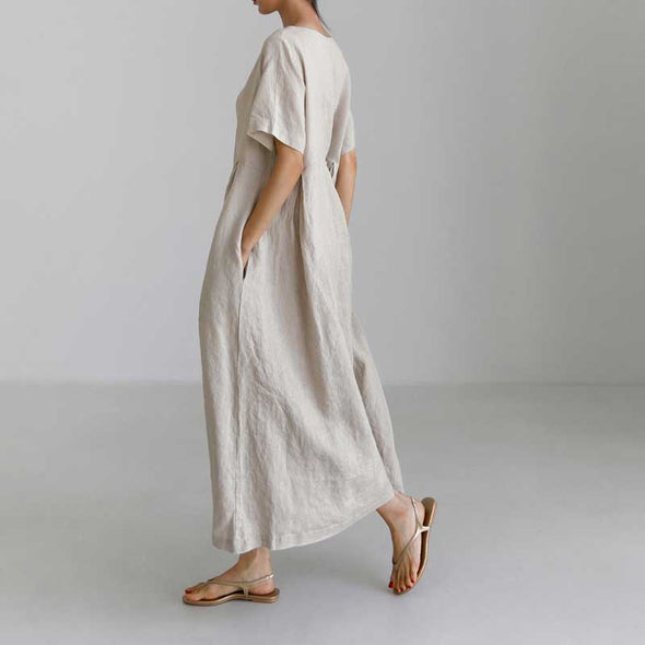 【S~XL】大人ワンピース　綿麻　夏ワンピース　タック入り　ロングワンピース