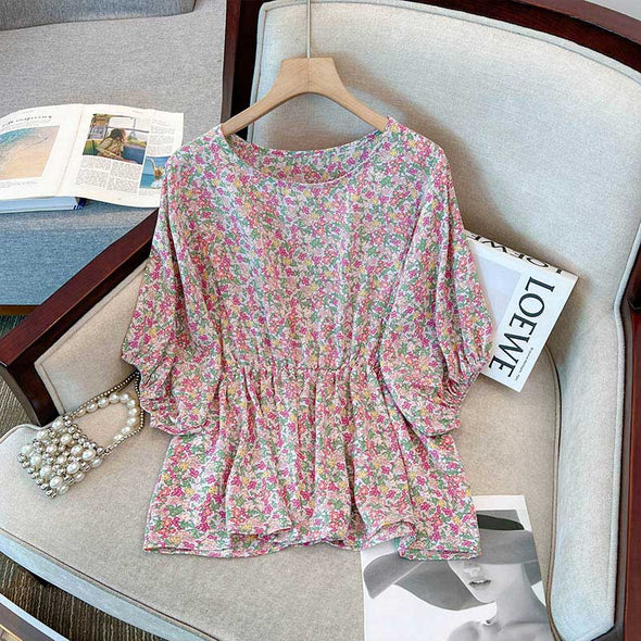 【M～4XL】花柄　ゆったりサイズ　カジュアル　レトロ風　大人ブラウス