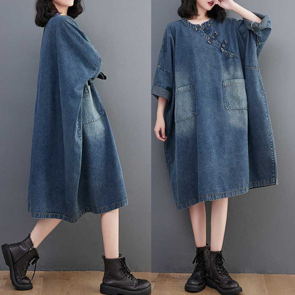 【M~2XL】デニムチュニックワンピース　春夏コーデ　おしゃれデニム　おしゃれワンピース　大きいサイズワンピース