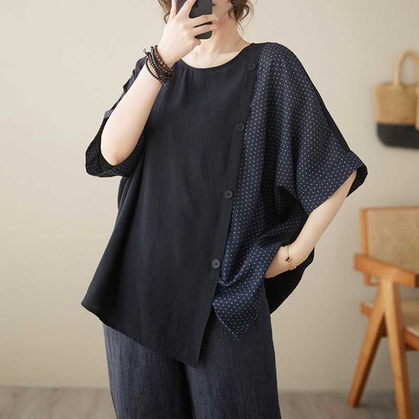 大人ファッション　綿麻生地　ゆるシルエット　ドルマン風　ドット柄　アシメ裾　Ｔシャツ