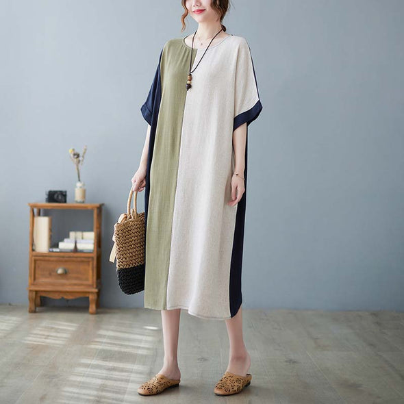 【M~2XL】大人カジュアル　綿麻　肌さわり良い　ロングワンピース