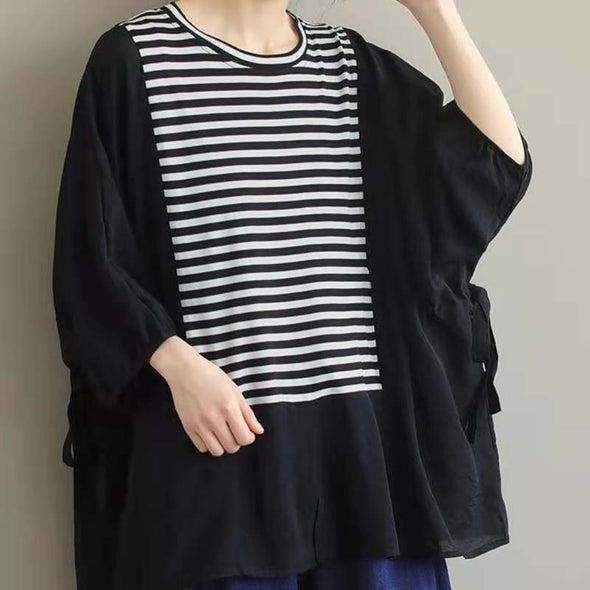 【L.XL】韓国ファッション　ゆるシルエット　切り替え　ストライプ柄　中袖Ｔシャツ