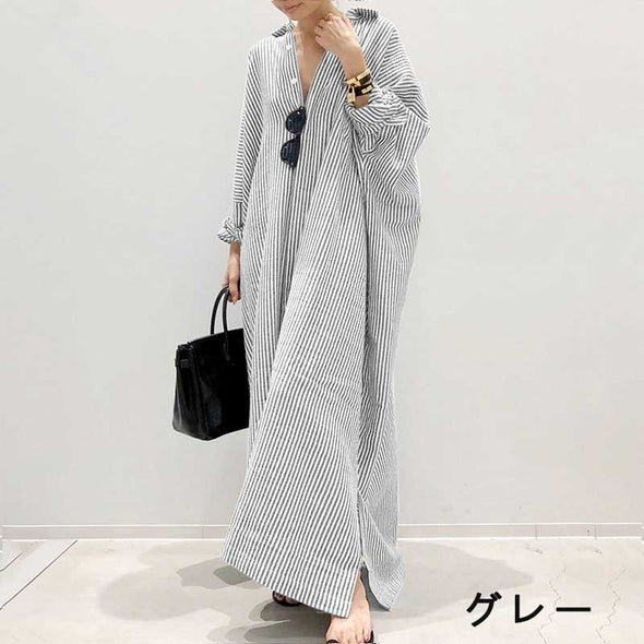 大人カジュアル　ストライプ　体型カバー　ロングマキシシャツワンピース