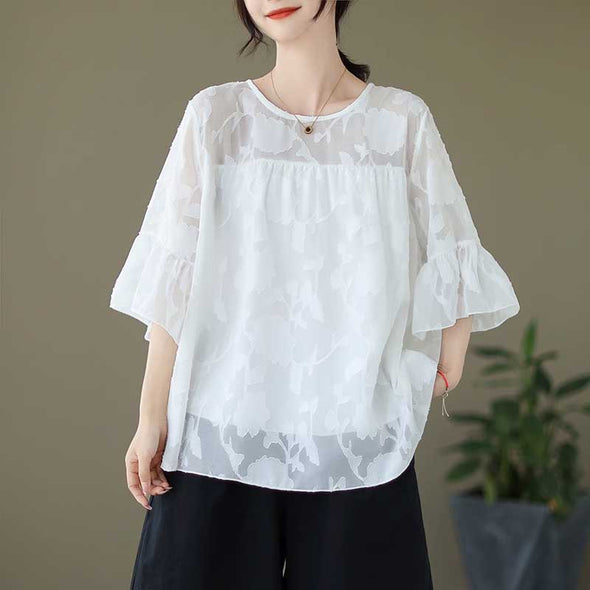 【L~3XL】フェミニン　フレア裾　レース　楽ちん　おしゃれ　シフォンブラウス