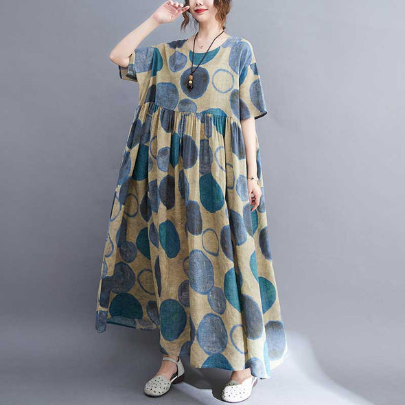 綿麻　大人ファッション　水玉柄　ロング丈　おしゃれワンピース　マキシワンピース　夏