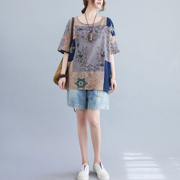 ゆったりサイズ　綿麻　切り替え　レトロ　花柄夏Tシャツ