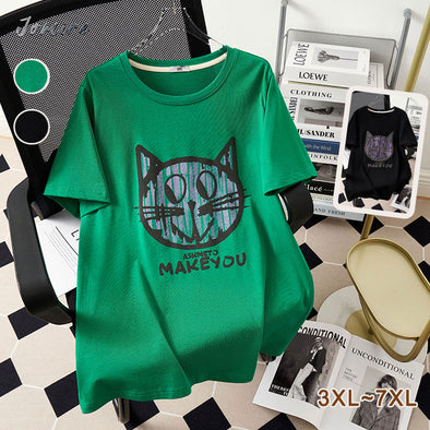 【3XL～7XL】韓国ファッション　ゆったりサイズ　カジュアル　猫柄　夏Tシャツ