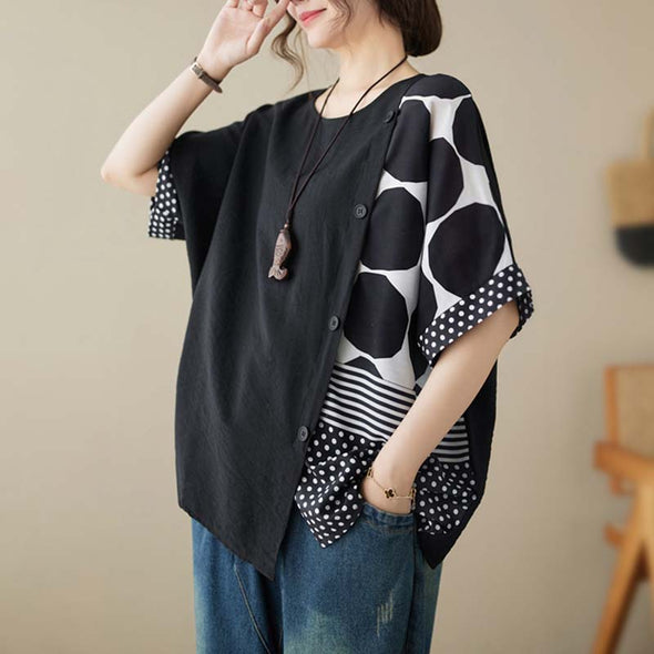 ゆるシルエット　ドット柄　夏トップス　楽ちん　大人ブラウス　人気トップス
