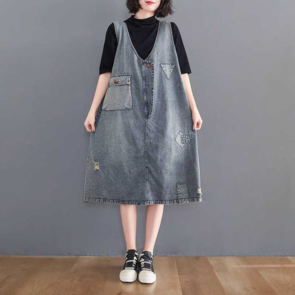 【M～2XL】夏デニム　ベストワンピース　ジャンパースカート　ｖネック　デニムワンピース