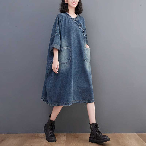 【M~2XL】デニムチュニックワンピース　春夏コーデ　おしゃれデニム　おしゃれワンピース　大きいサイズワンピース