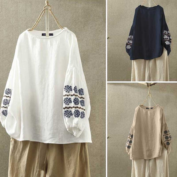 エスニック風　大人コーデ　綿麻　刺繍　ランタンスリーブ　春夏　長袖　おしゃれブラウス　Ｔシャツ