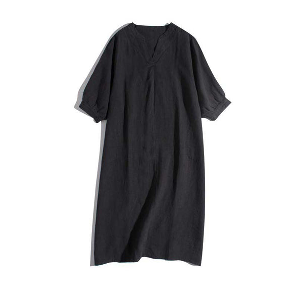 【M～2XL】夏　Ｖネック　リネン生地　無地　大人ファッション　シンプルカジュアルワンピース