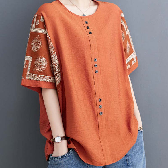 綿麻　大人トップス　肌さわり良い　エスニック風　ゆったり　楽ちん　中袖Tシャツ