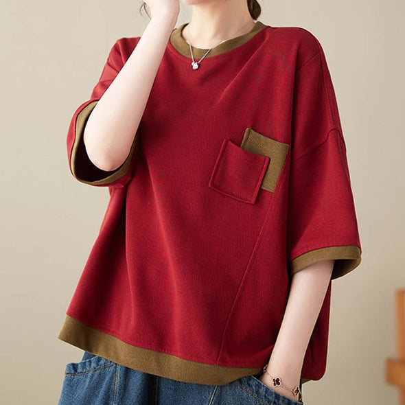 【Ｍ～3XL】ゆるシルエット　胸ポケット　中袖Ｔシャツ　無地　夏定番Tシャツ