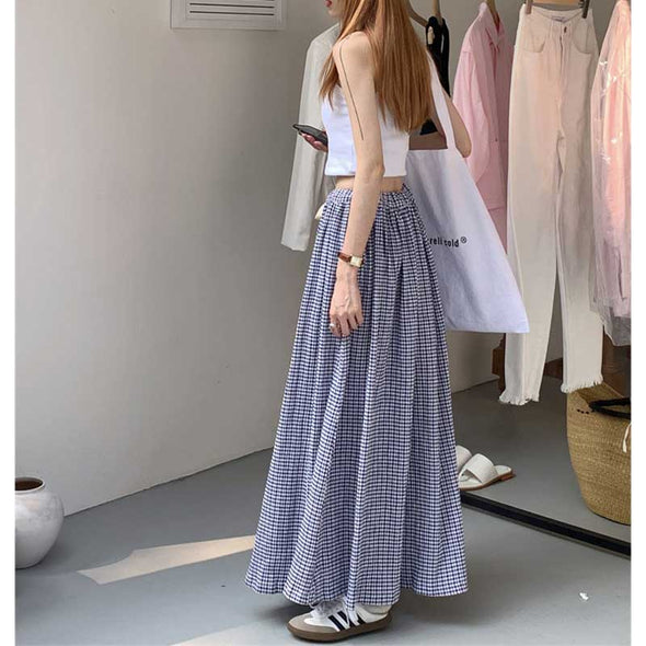 韓国ファッション　Aライン　マキシスカート　チェック柄　ロングスカート　夏スカート