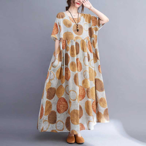 綿麻　大人ファッション　水玉柄　ロング丈　おしゃれワンピース　マキシワンピース　夏