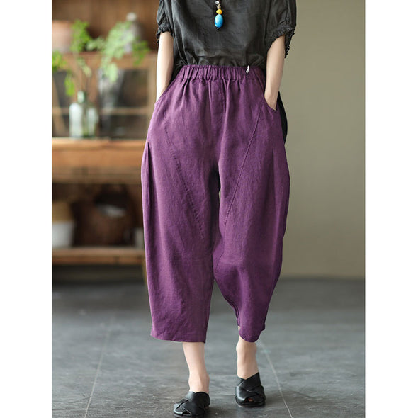 【M~2XL】シンプル　無地　カジュアル　綿麻　9分丈サルエルパンツ