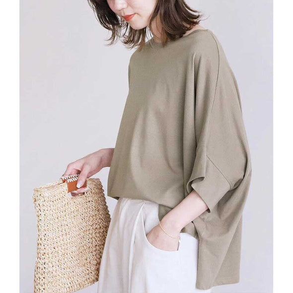 【M.L】スリット入り　ドルマンスリーブ　シンプル　無地　7分袖無地Tシャツ