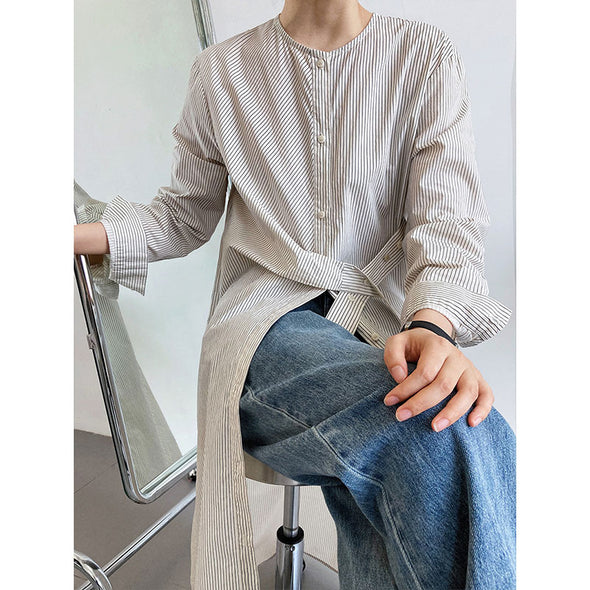 【M.L】大人カジュアル　ウエストリボン　ストラップ柄　ゆったり　シャツワンピース