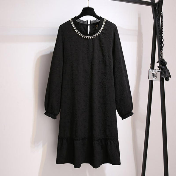 【2XL～6XL】上品　デートワンピース　大人ファッション　花柄刺繍入り　ネックビーズデザイン　着瘦せ　ロングワンピース