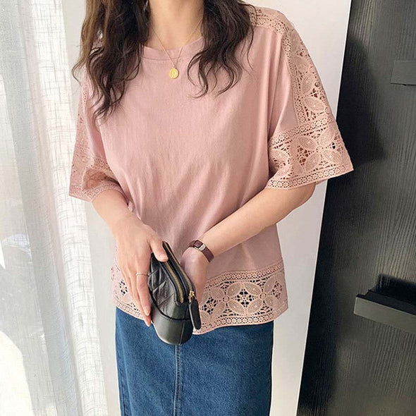 韓国ファッション　レース　ゆったり　中袖　透かし彫り　夏人気Ｔシャツ
