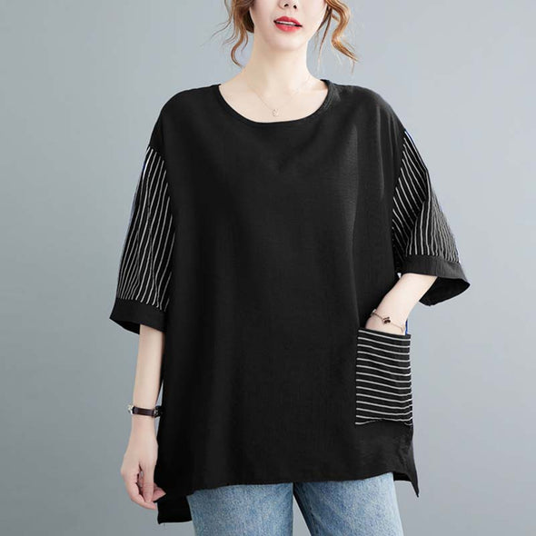 韓国ファッション　アシメ裾　フロントポケット付き　ゆったり　中袖Ｔシャツ