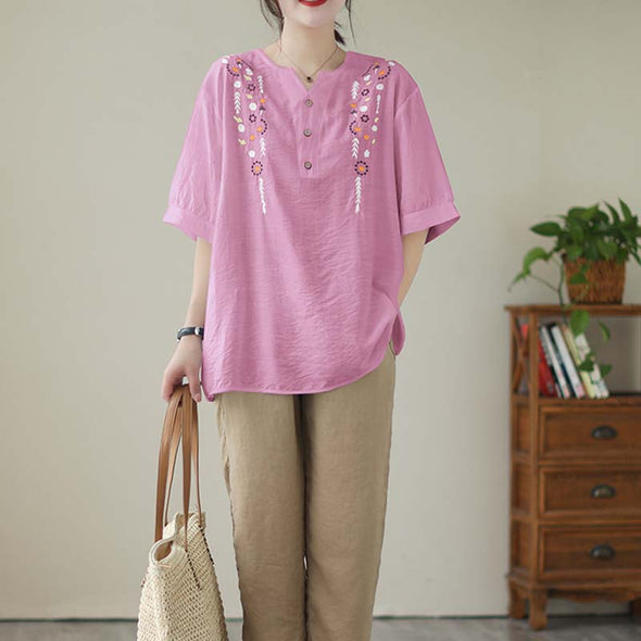【M~3XL】花柄　スリットネック　刺繍入り　ゆるシルエット　夏ブラウス