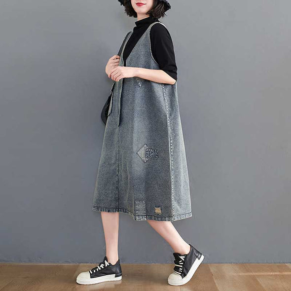 【M～2XL】夏デニム　ベストワンピース　ジャンパースカート　ｖネック　デニムワンピース