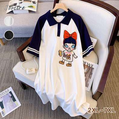 大人カジュアル　かわいい　カートゥーンプリント　POLOネック　チュニックワンピース