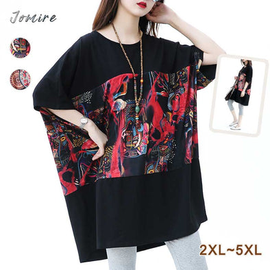 【2XL~5XL】エスニック風　揺れ感　ロングＴシャツ　プリント　チュニックワンピース