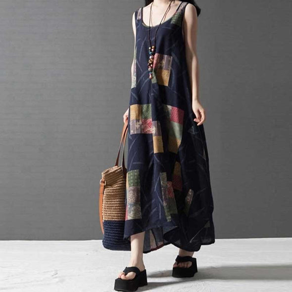 【M～2XL】エスニック風　不規則柄　ベストワンピース　ロング丈　着瘦せ　バルーンワンピース